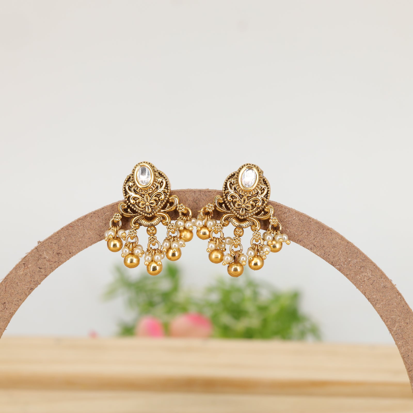 Antique Medallion Stud Earrings with Crystal Centre and Pearl Drops