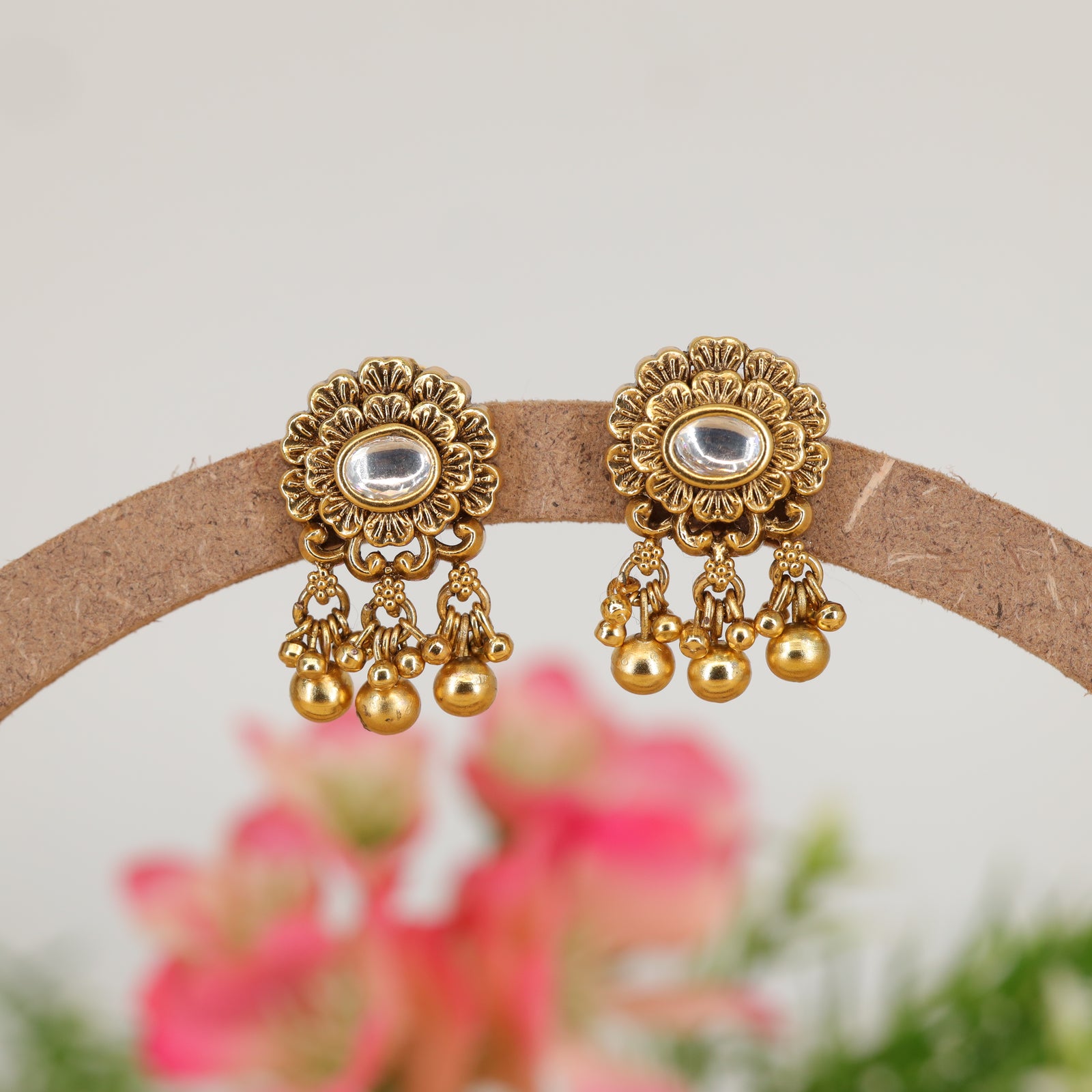 Decorative Round Stud Earrings with Crystal Centre and Bead Tassels