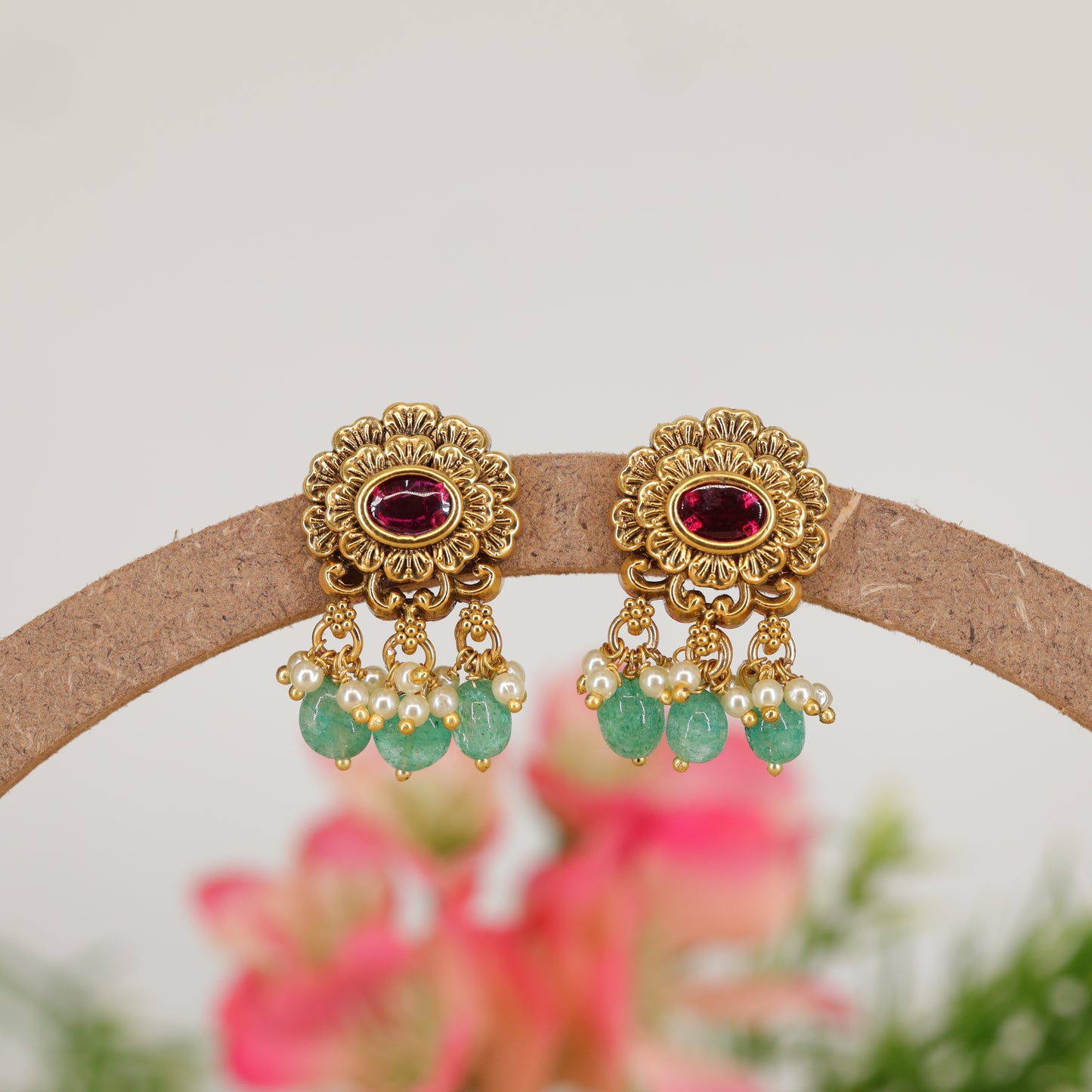 Decorative Round Stud Earrings with Crytalstal Centre and Bead Tassels