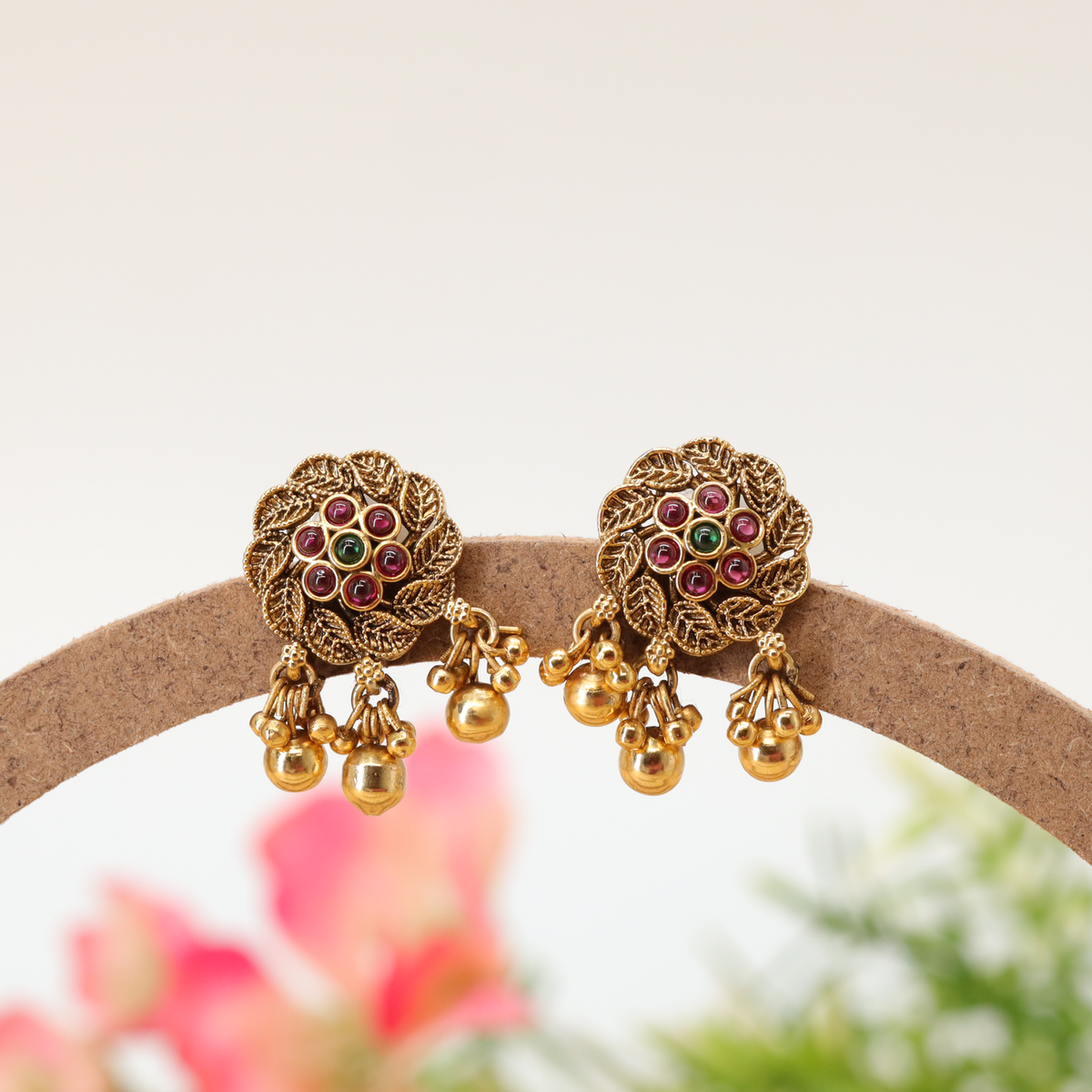 Navapushpa Leaf Medallion Stud with Clustered Stone Centre and Pearl Ball Tassels