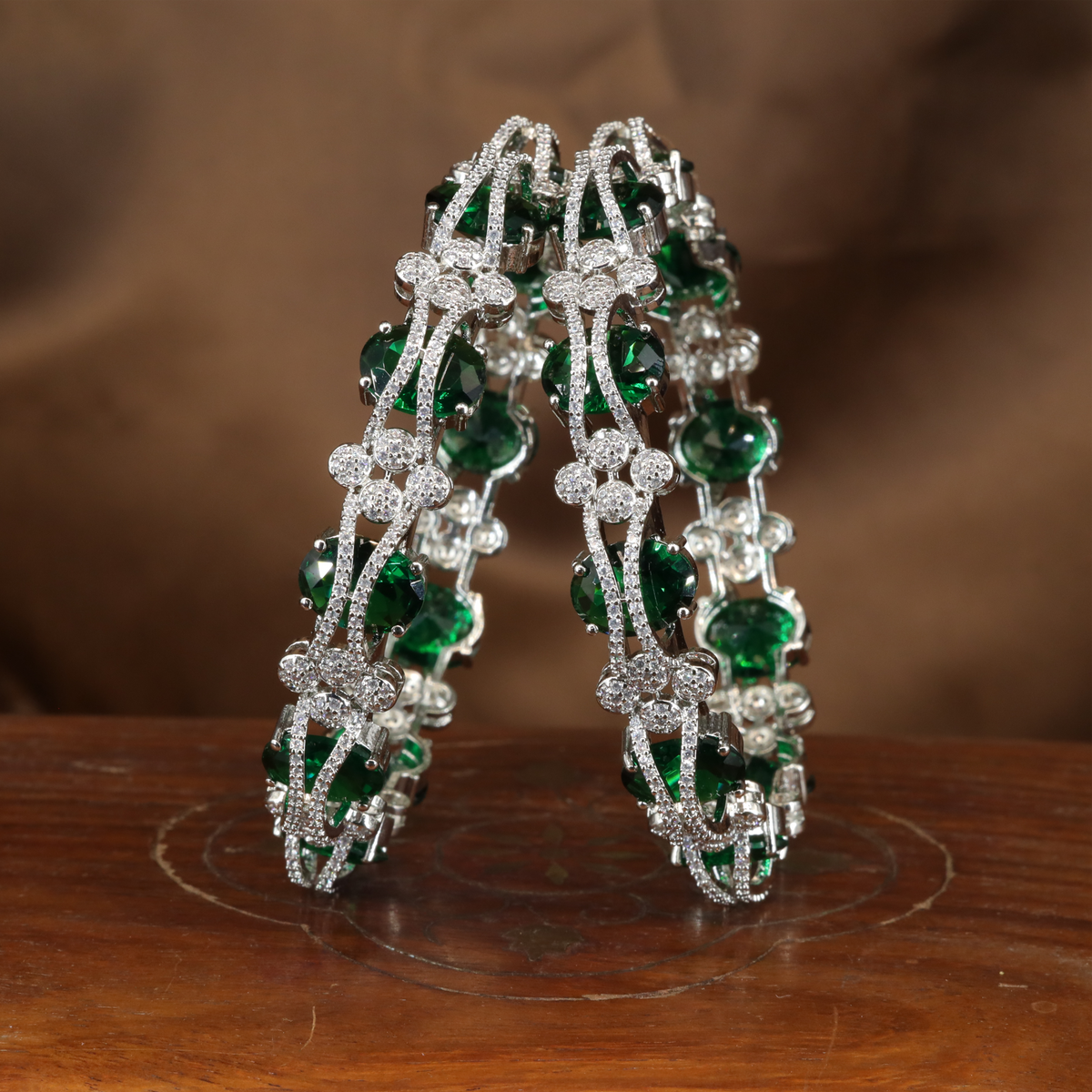 Graceful Connector Motif Bangles with Alternating Oval Settings and Glittering Cluster Links