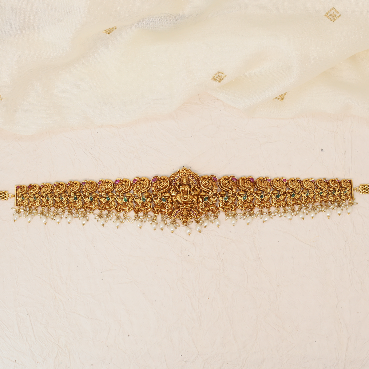 Padmadhara Lakshmi Crest Waist Belt with Peacock Panels and Pearl Tassel Fringe