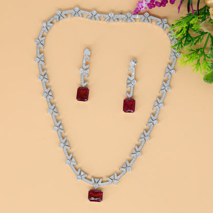 Sharp Link Rhodium Necklace with Geometric Pattern Chain and Matching Drop Earrings