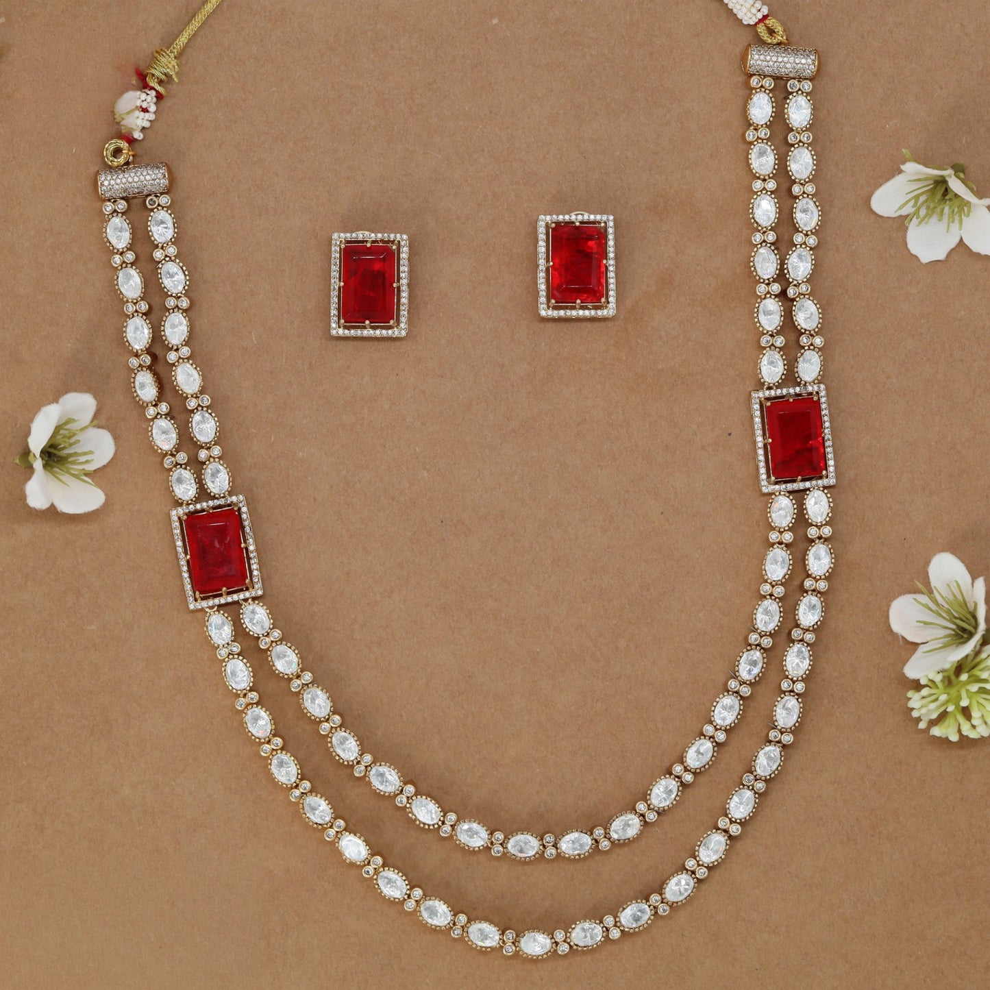 Double Strand Kundan Necklace with Framed Rectangular Details and Oval Linkwork