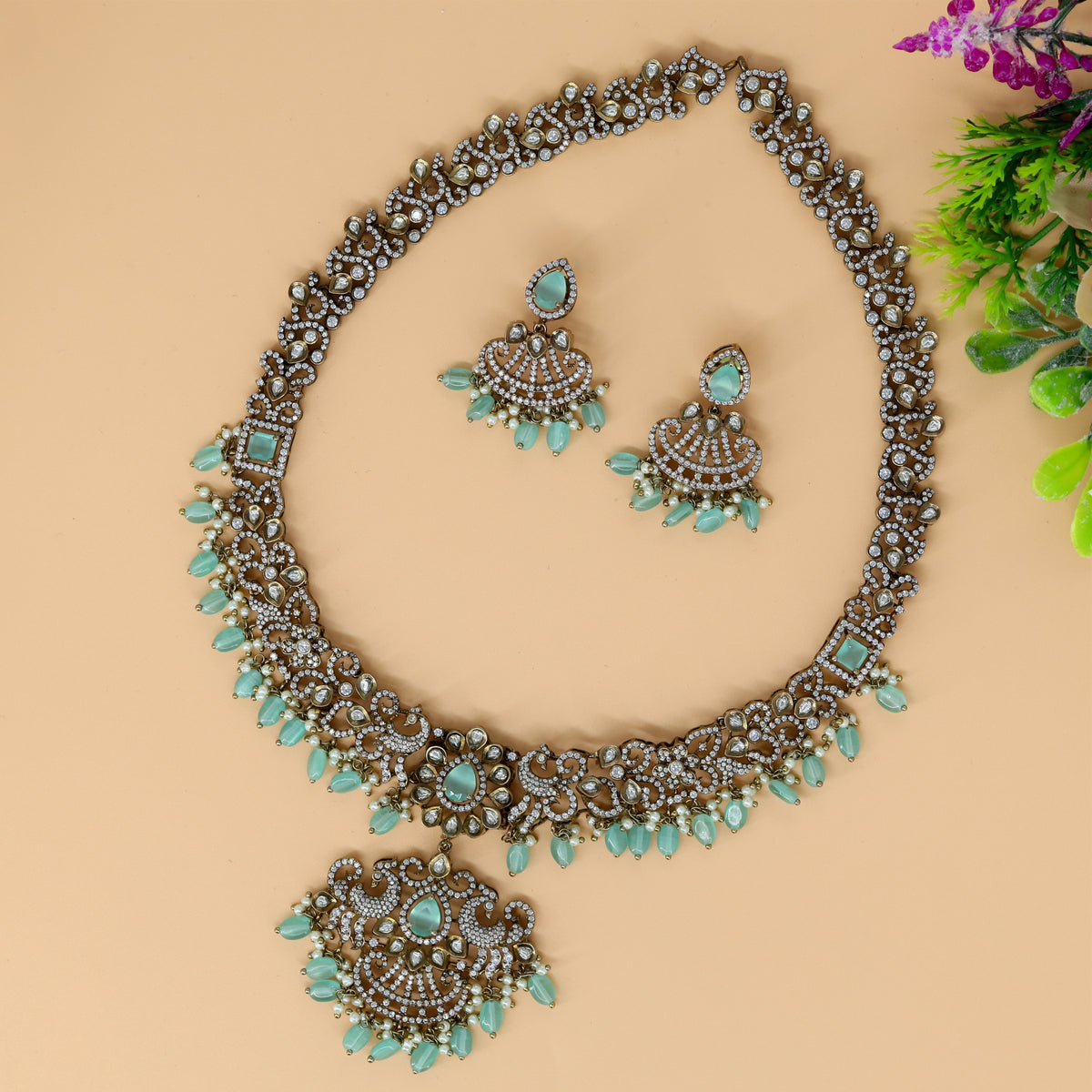 Vintage Style Peacock Motif Long Hara and Earrings