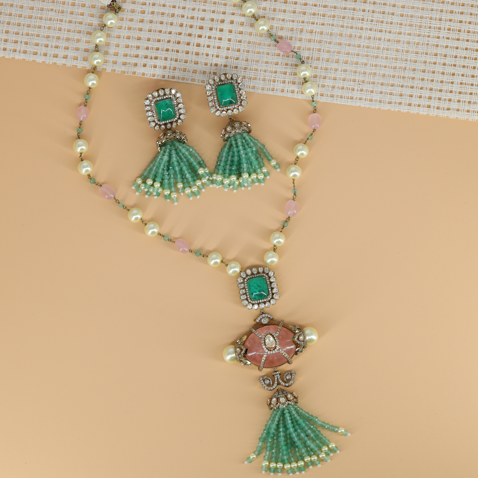 Pearl Beaded Necklace with Square Motif Pendant and Tassel Earrings