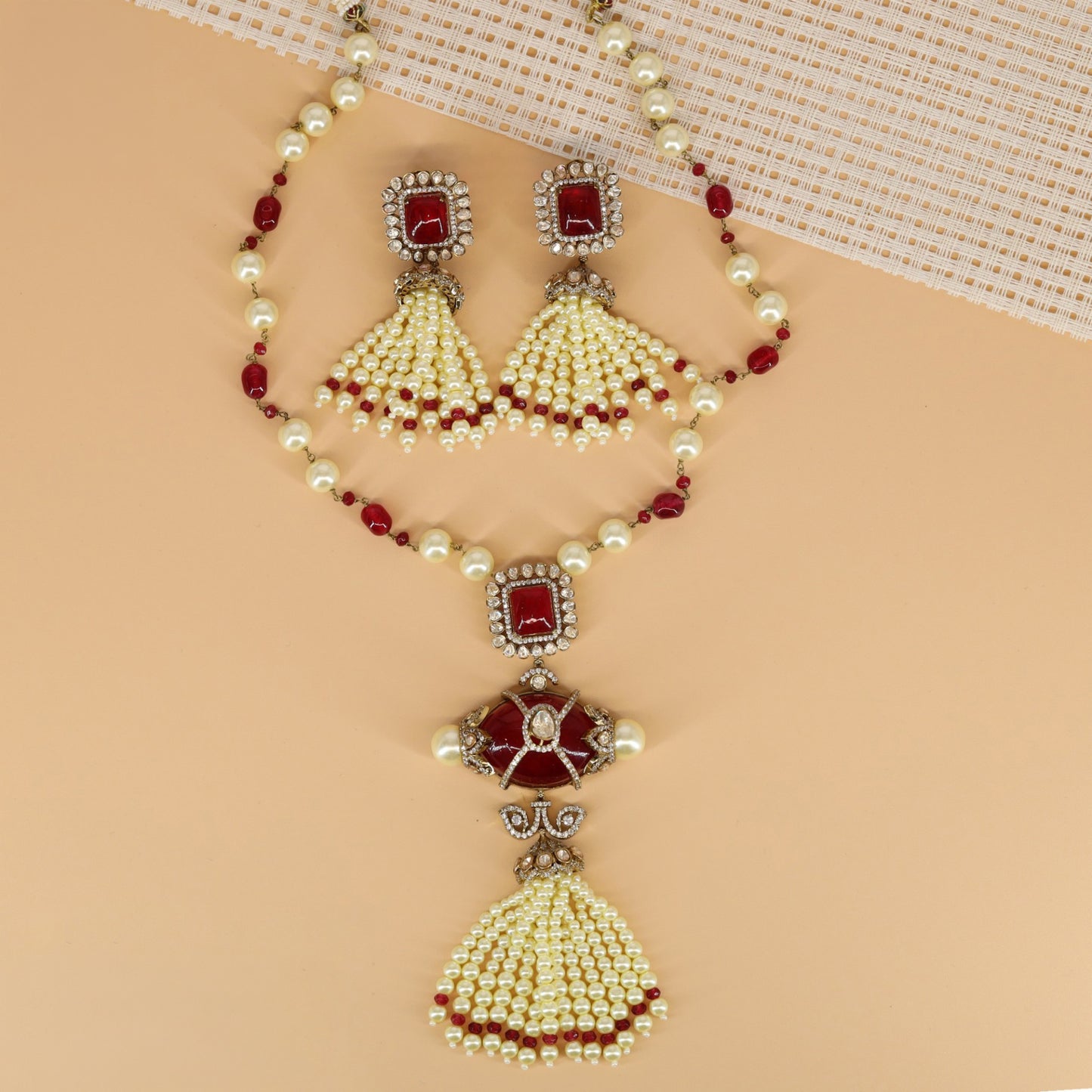 Antique beads long haara with sculptural centre links and delicate bead fringe