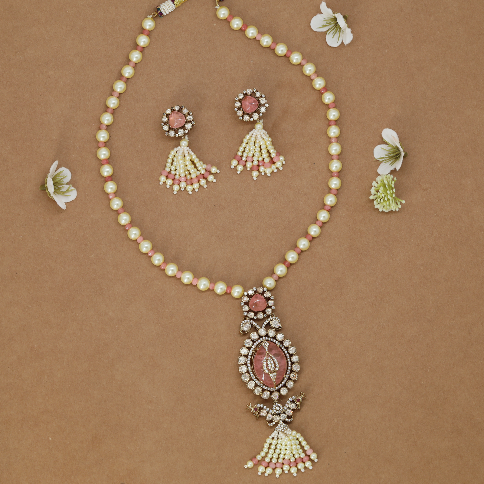 Classic Pearl Chain Long Haara with Detailed Pendant and Fringe Accents