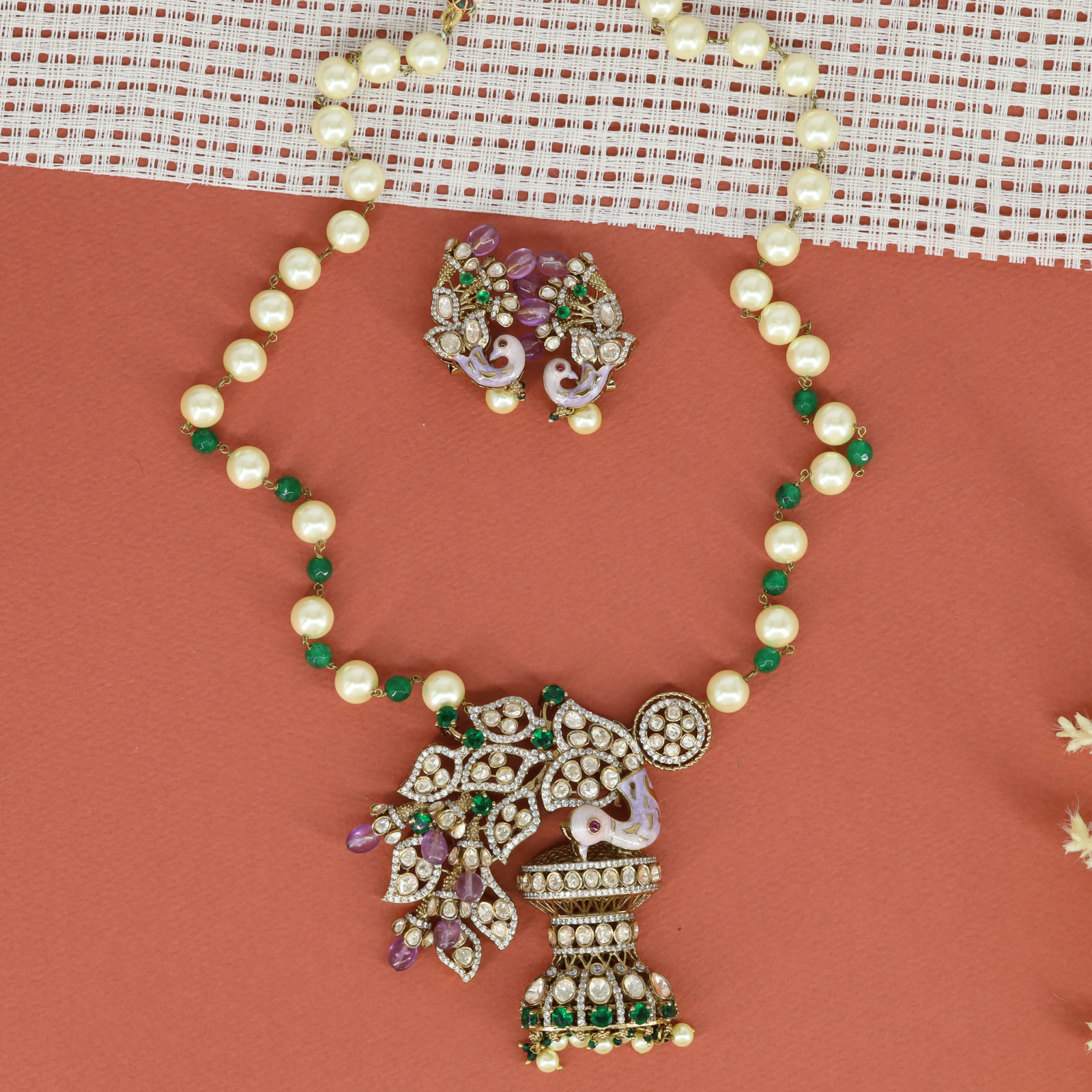 Pearl Beaded Necklace with Peacock Pendant and Matching Stud Earrings
