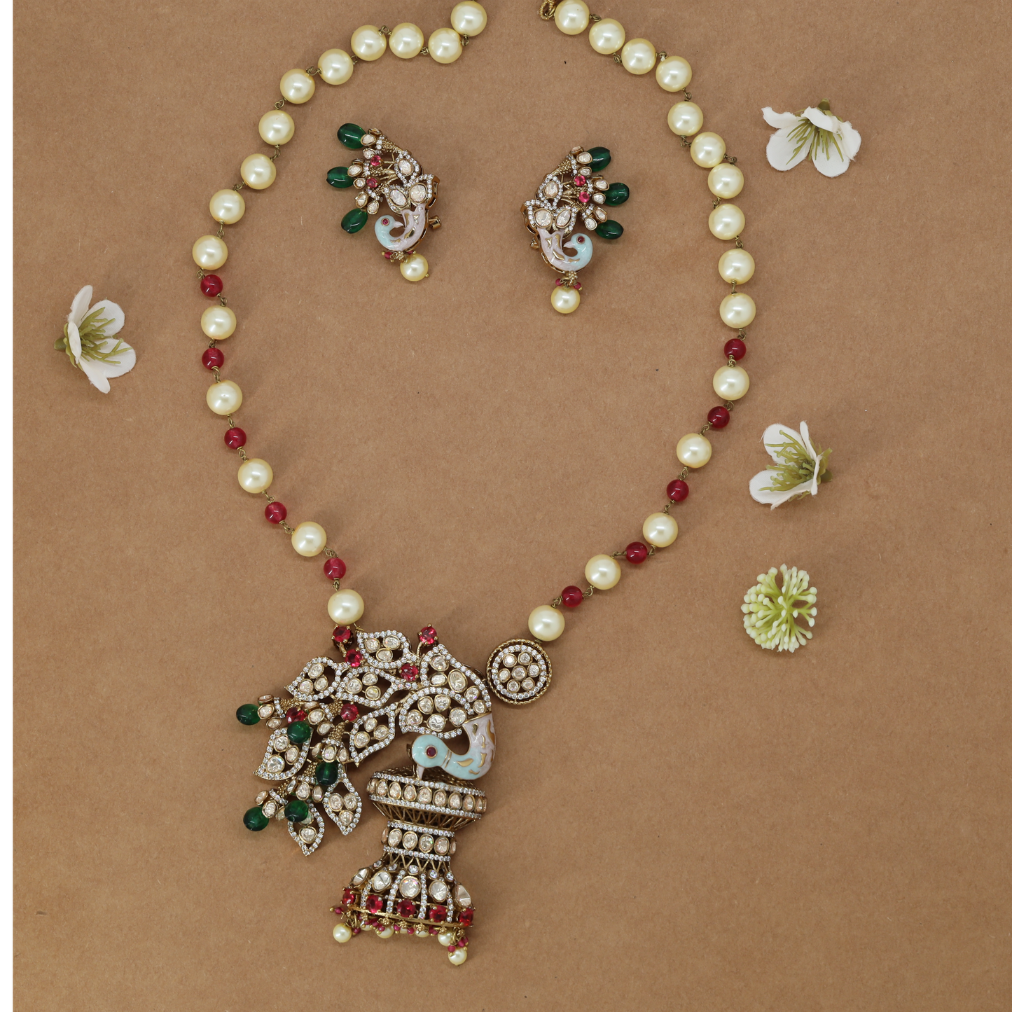 Pearl Beaded Necklace with Peacock Pendant and Matching Stud Earrings