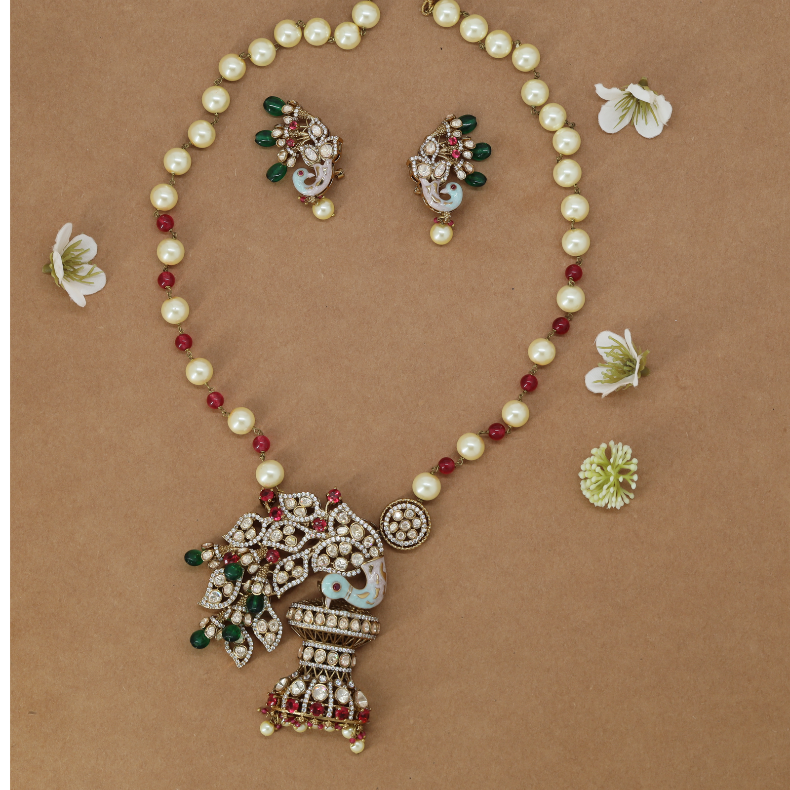 Pearl Beaded Necklace with Peacock Pendant and Matching Stud Earrings