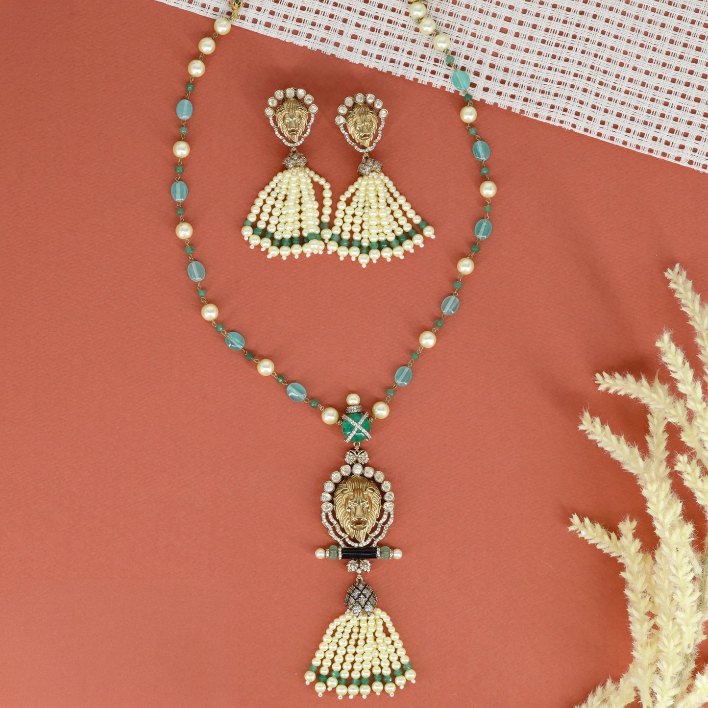 Antique Lion Pendant Long Haara with Beaded Strands and Oval Centrepiece