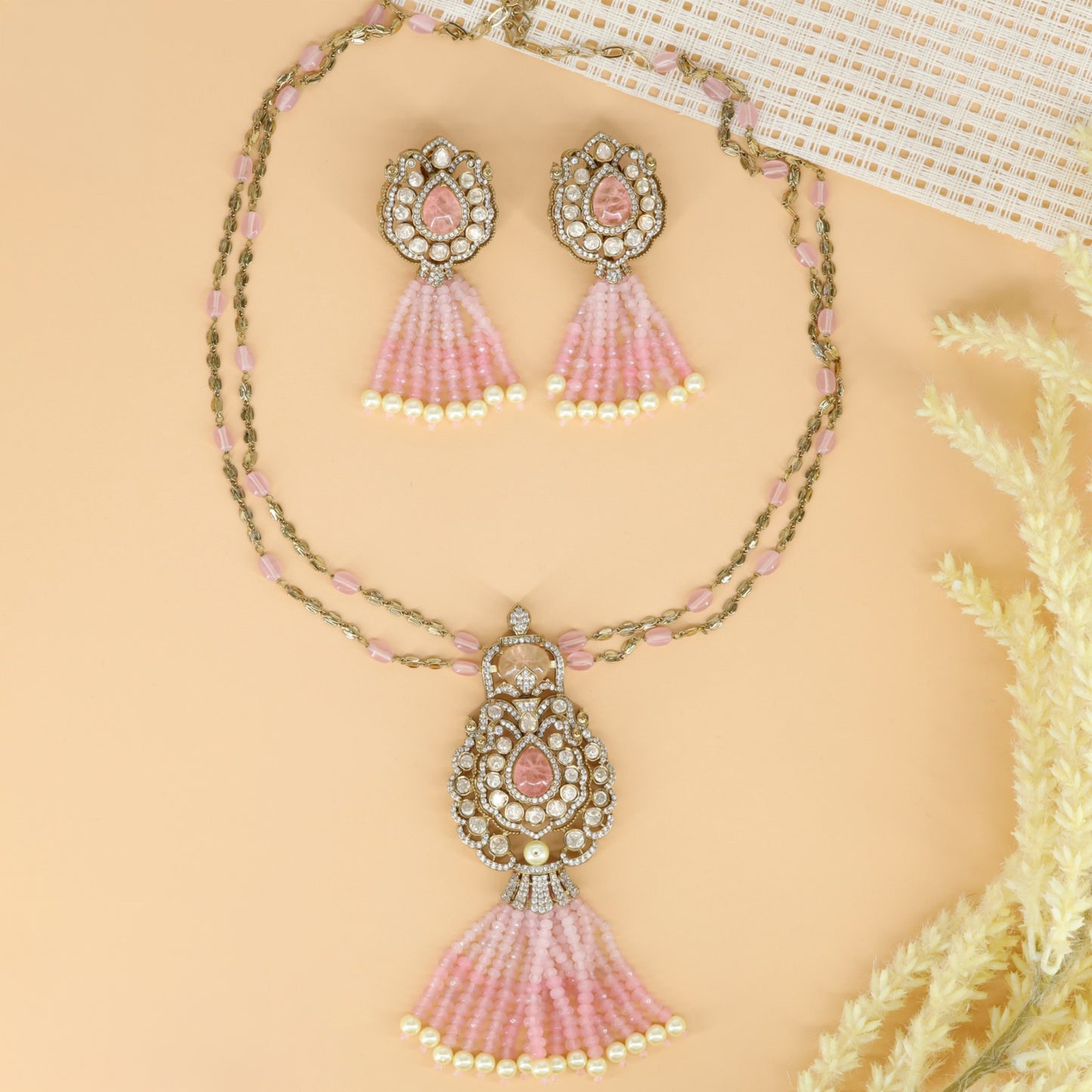 Floral Framed Pendant with Graduated Bead Tassel in Victorian Long Haara