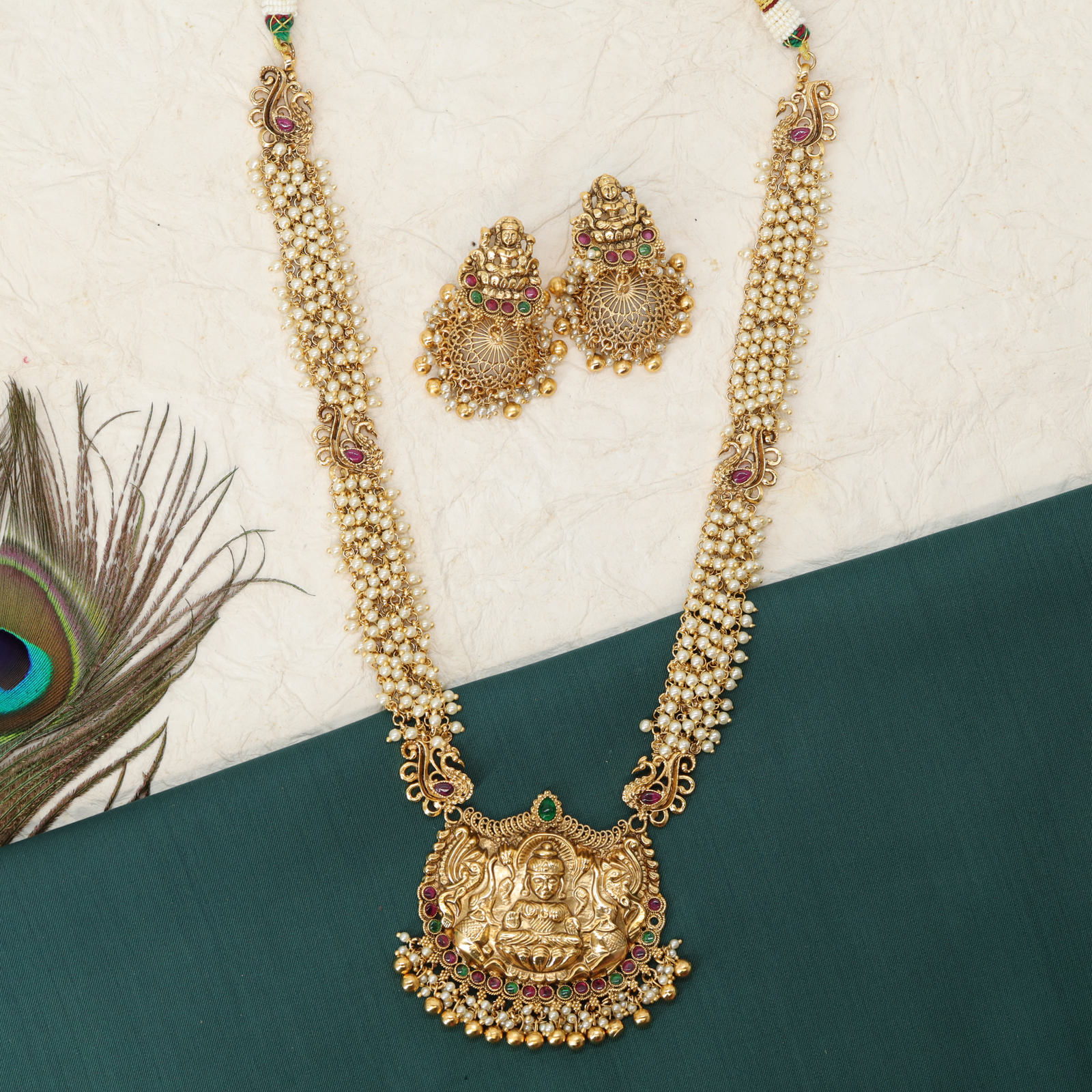 Vaidehi Pearl Cluster Long Necklace with Gem Lined Divinity Plaque