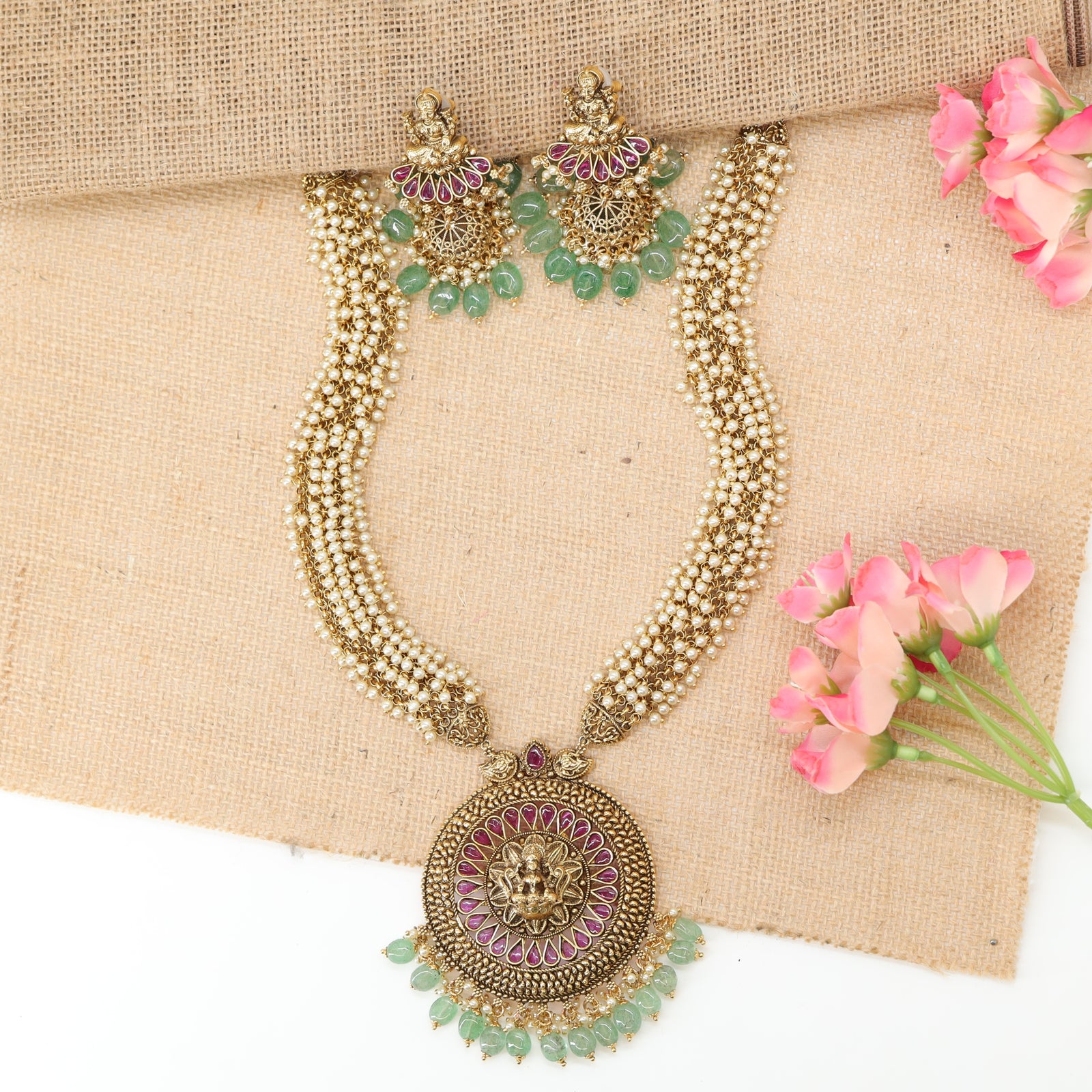 Sharvani Divya Mandala Long Haara with Emerald Drop Edge