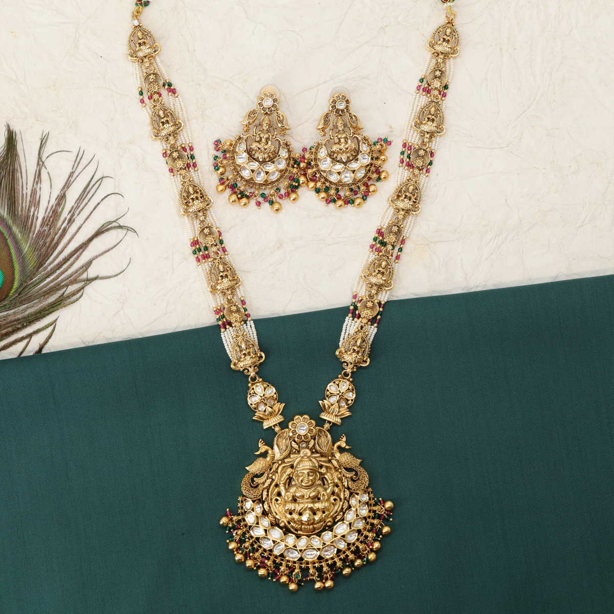 Shrinidhi Lakshmi Pearl Panel Long Haara with Sculpted Motif Links and Crescent Fringe