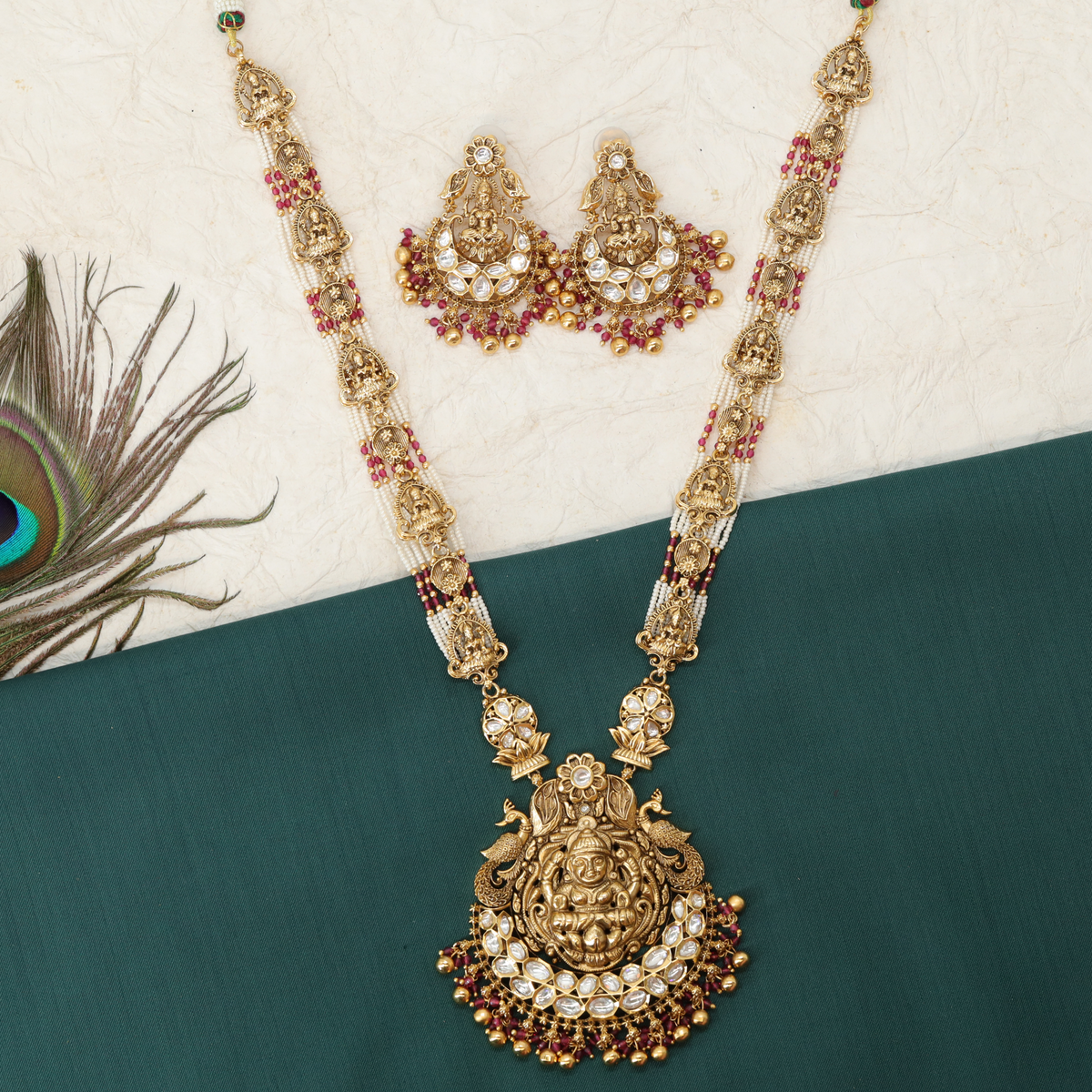 Shrinidhi Lakshmi Pearl Panel Long Haara with Sculpted Motif Links and Crescent Fringe