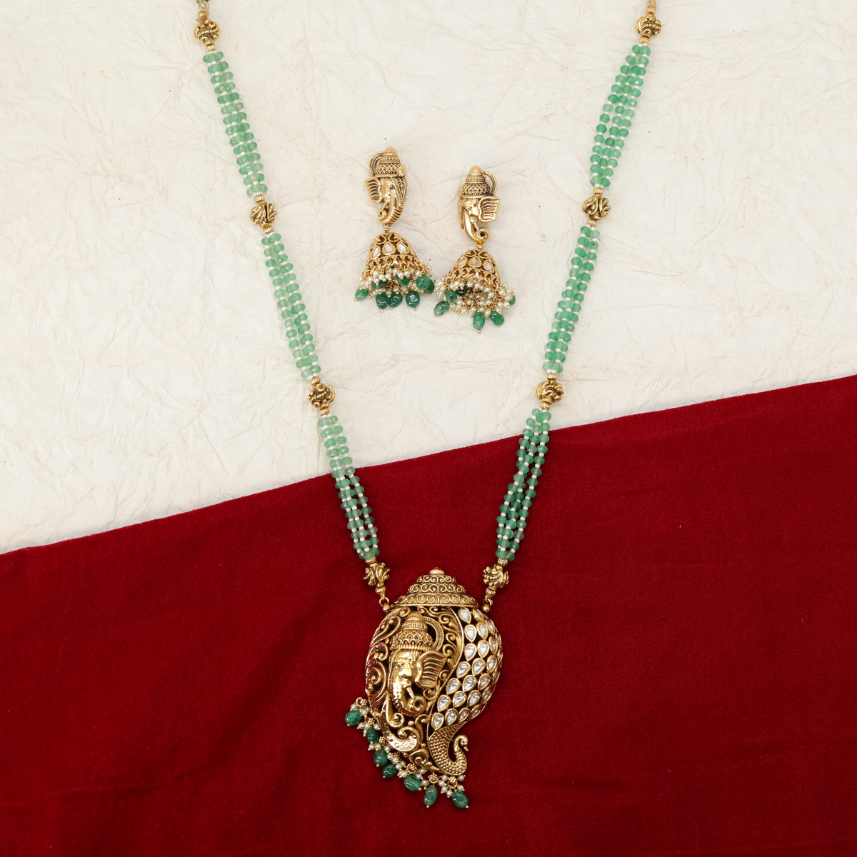 Samyukta Vinayaka Green Strand Long Haara with Stone Studded Leaf Motif