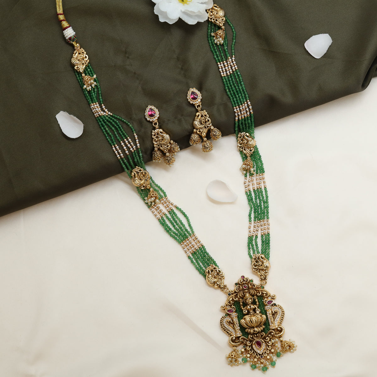 Sharada Kamala Green Bead Haaram with Pearl Segments and Ornate Goddess Plaque