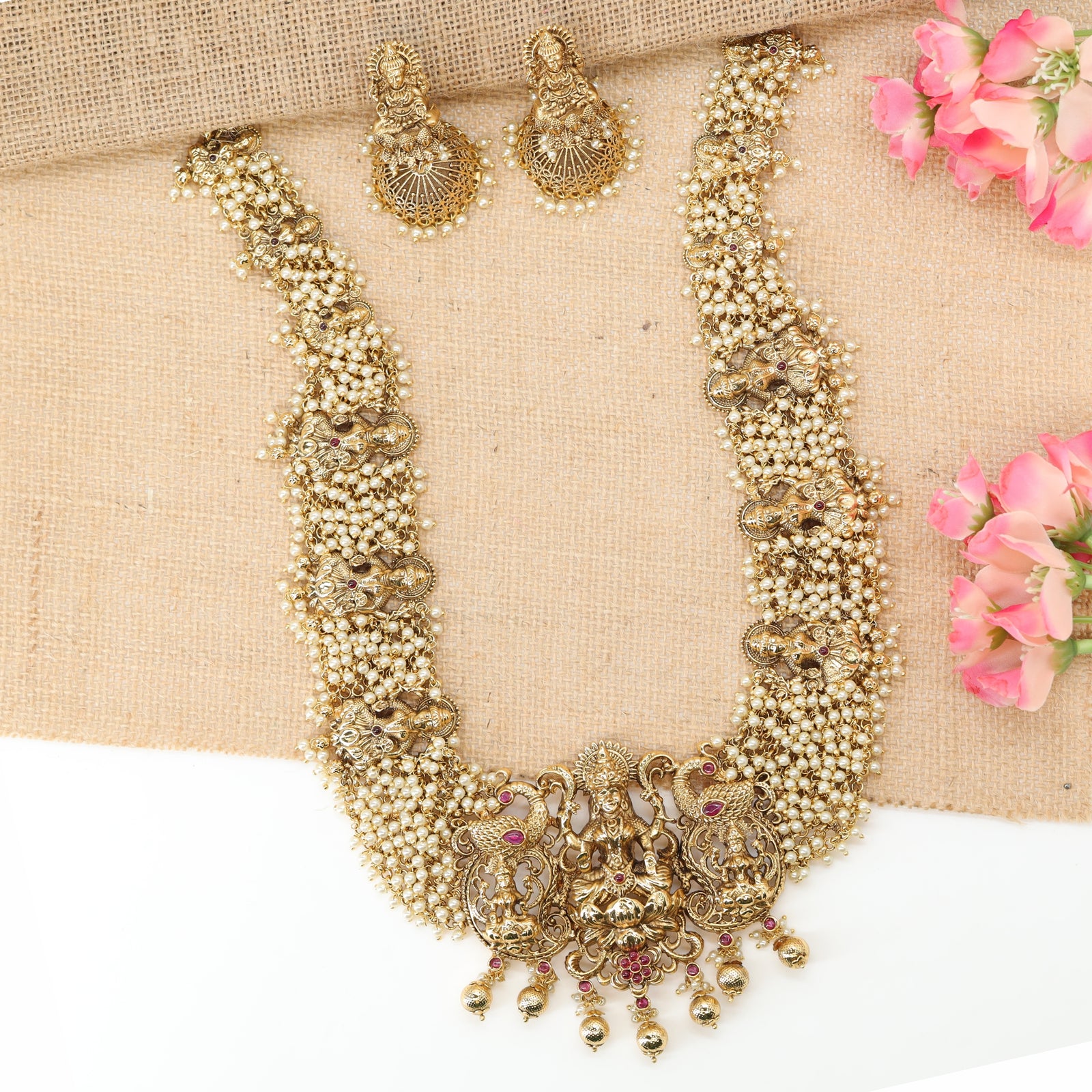Indulekhashri Grand Pearl Veil Long Haara with Raised Divinity Emblem