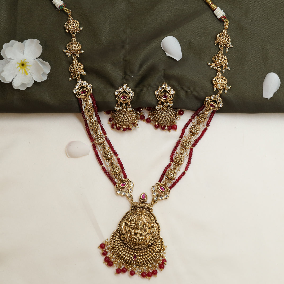 Shrivatsa Lakshmi Kavacha Long Haara with Twin Bead Strands and Shrine Medallion Drop