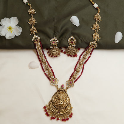 Shrivatsa Lakshmi Kavacha Long Haara with Twin Bead Strands and Shrine Medallion Drop
