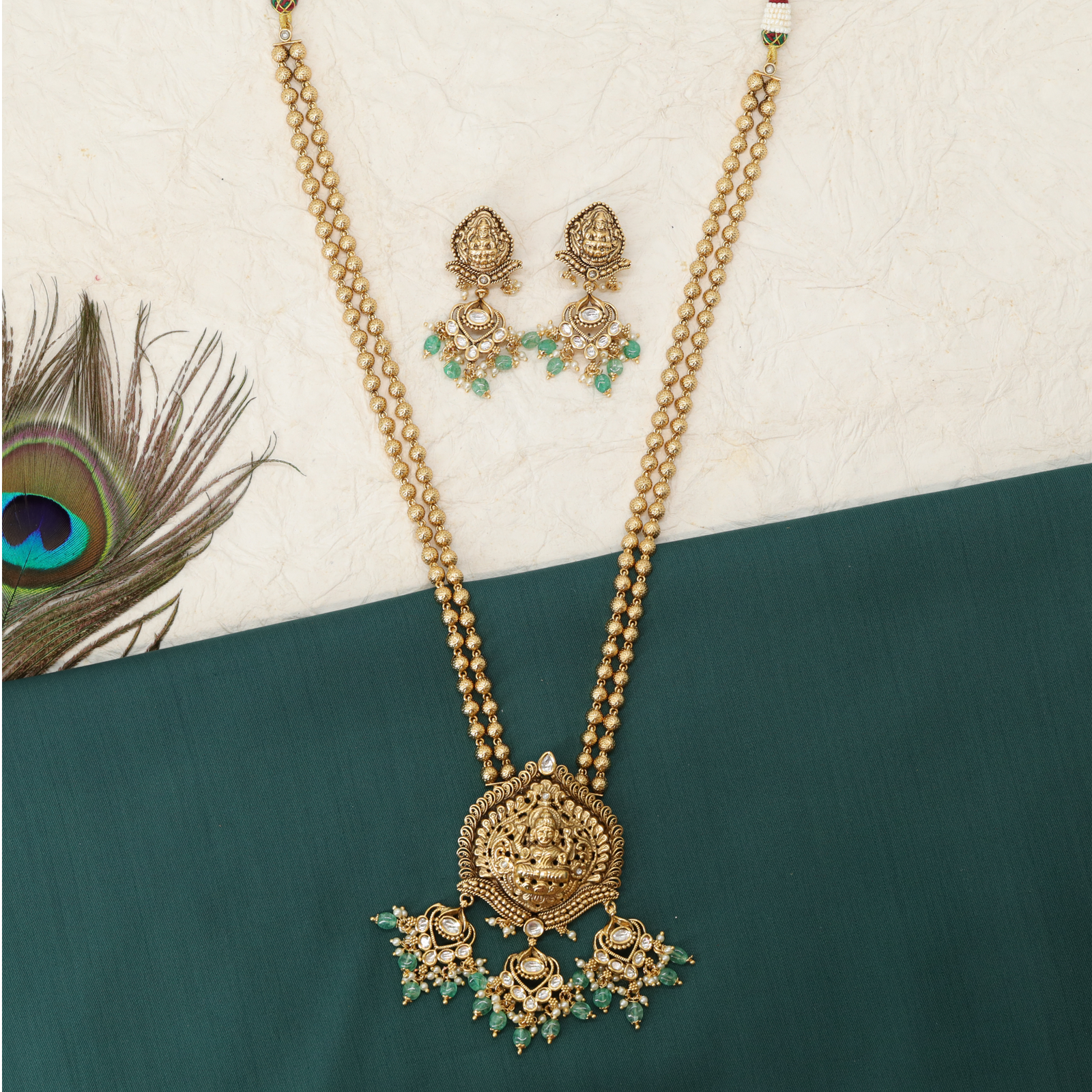 Sharvani Lakshmi Rekha Long Chain with Twin Gold Bead Rows and Emerald Drop Fringe
