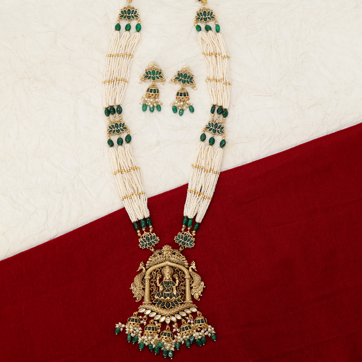 Indralekha Layered Pearl Long Chain with Floral Crest and Bead Tassels