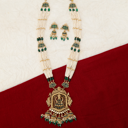 Indralekha Layered Pearl Long Chain with Floral Crest and Bead Tassels