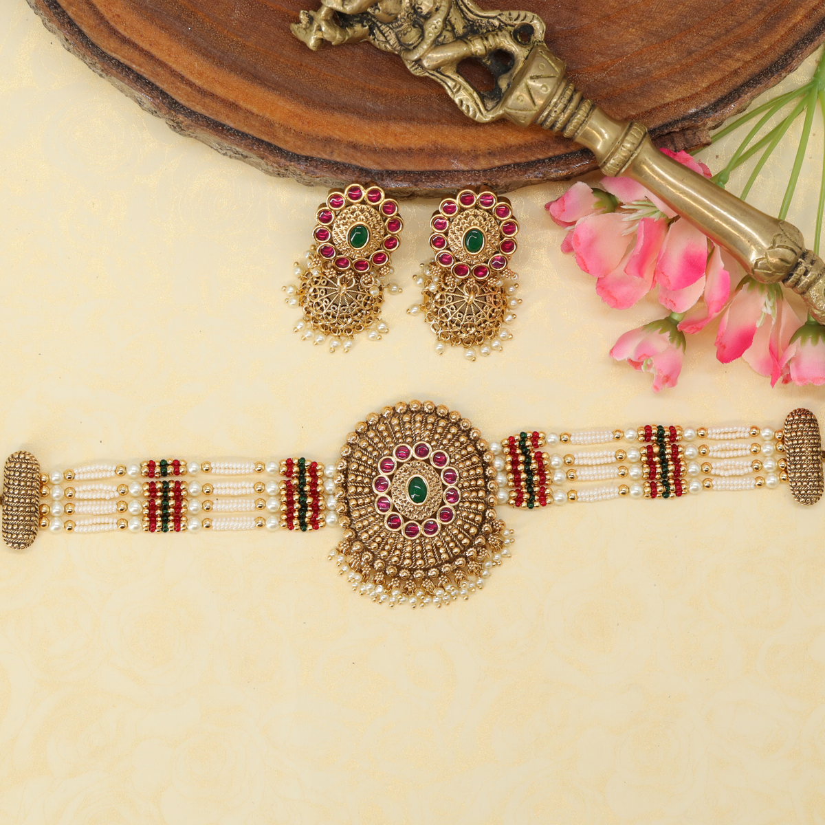 Vishranti Pearl Rekha Choker with Radiant Central Disc and Clustered Fringe