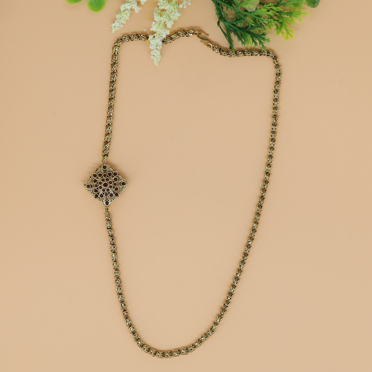 Antique Link Chain with Ruby Cluster Side Motif
