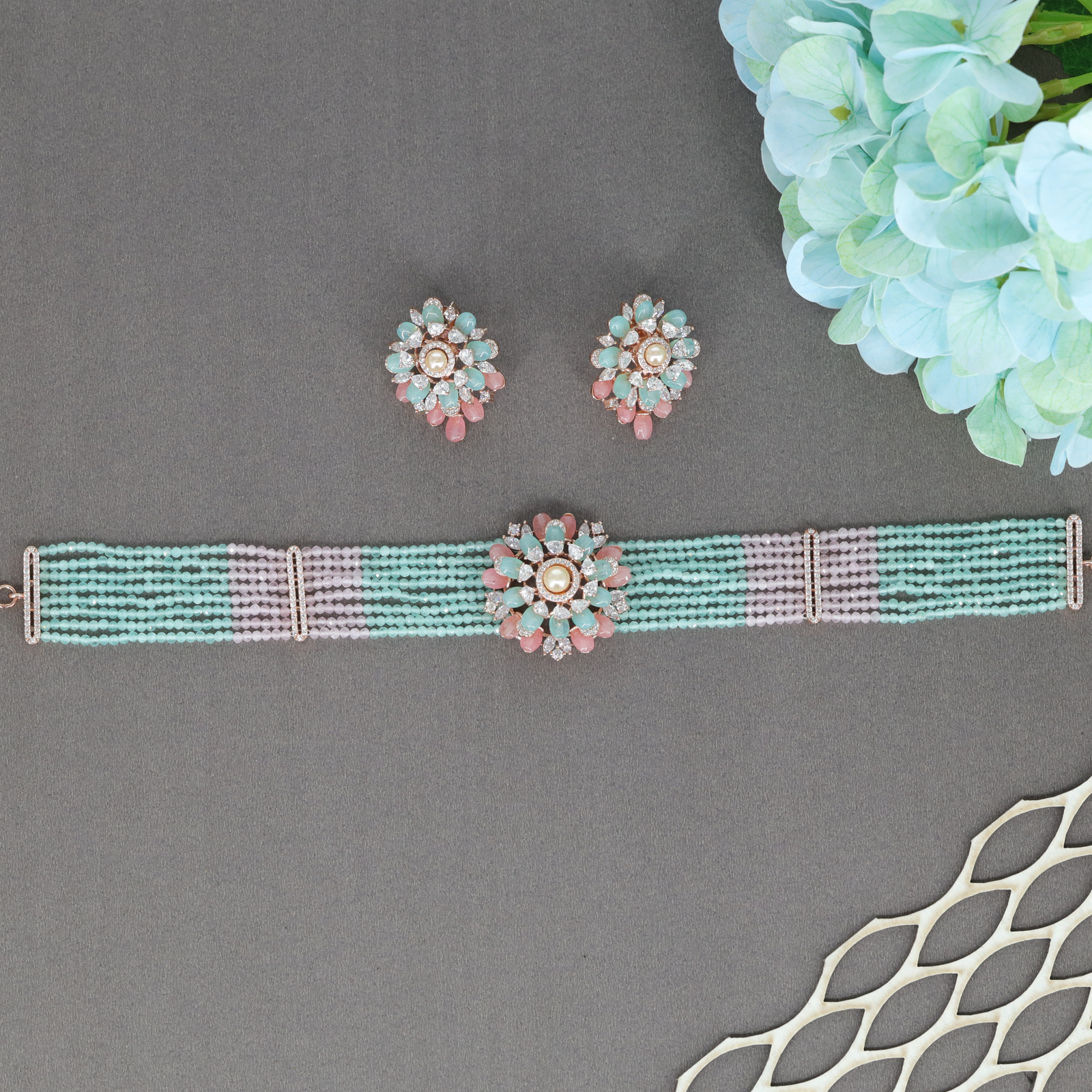 Stylised Floral Crystal Choker with Structured Bead Strands and Radiating Medallion