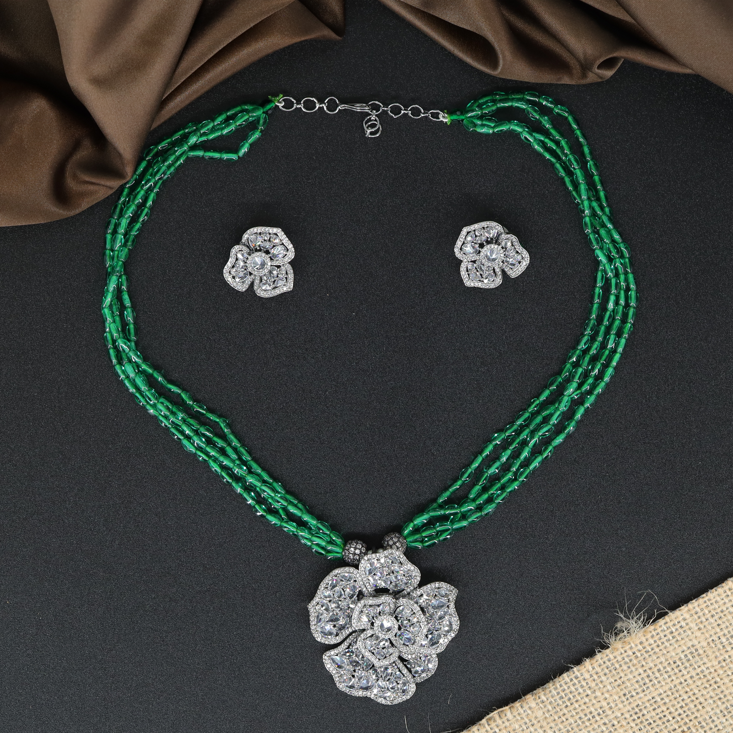 Multi Strand Beaded Chain with Floral Pendant and Matching Stud Earrings