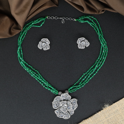 Multi Strand Beaded Chain with Floral Pendant and Matching Stud Earrings