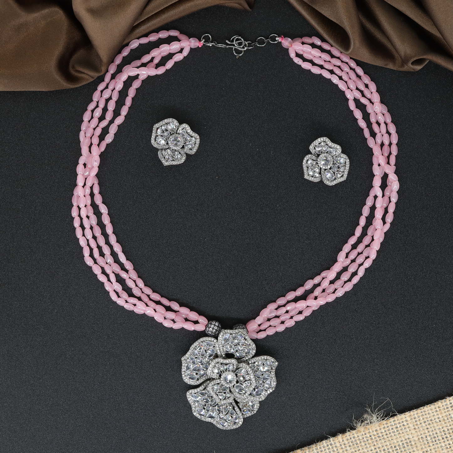 Multi Strand Beaded Chain with Floral Pendant and Matching Stud Earrings