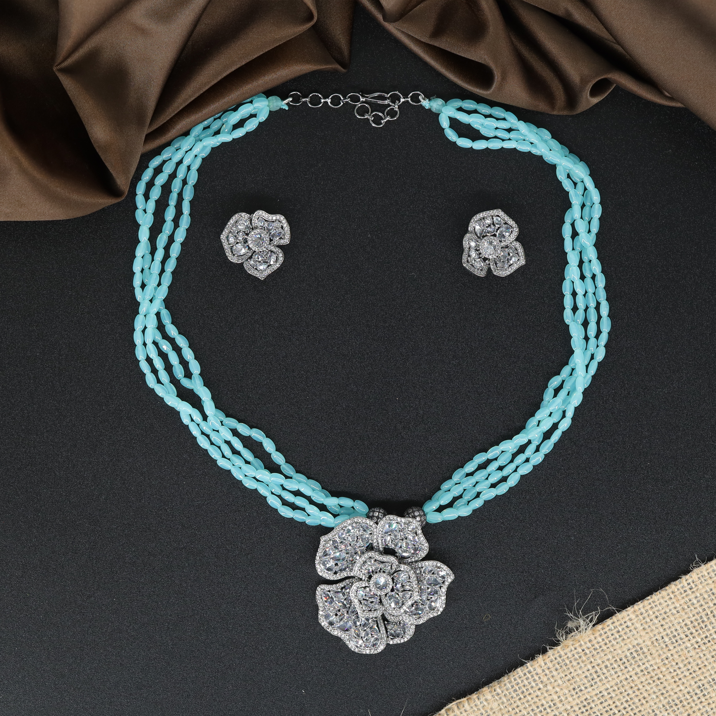 Multi Strand Beaded Chain with Floral Pendant and Matching Stud Earrings