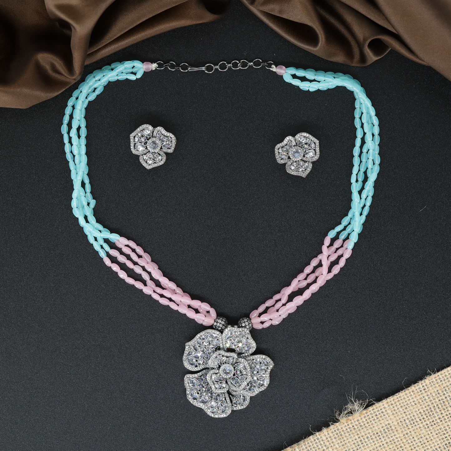 Multi Strand Beaded Chain with Floral Pendant and Matching Stud Earrings