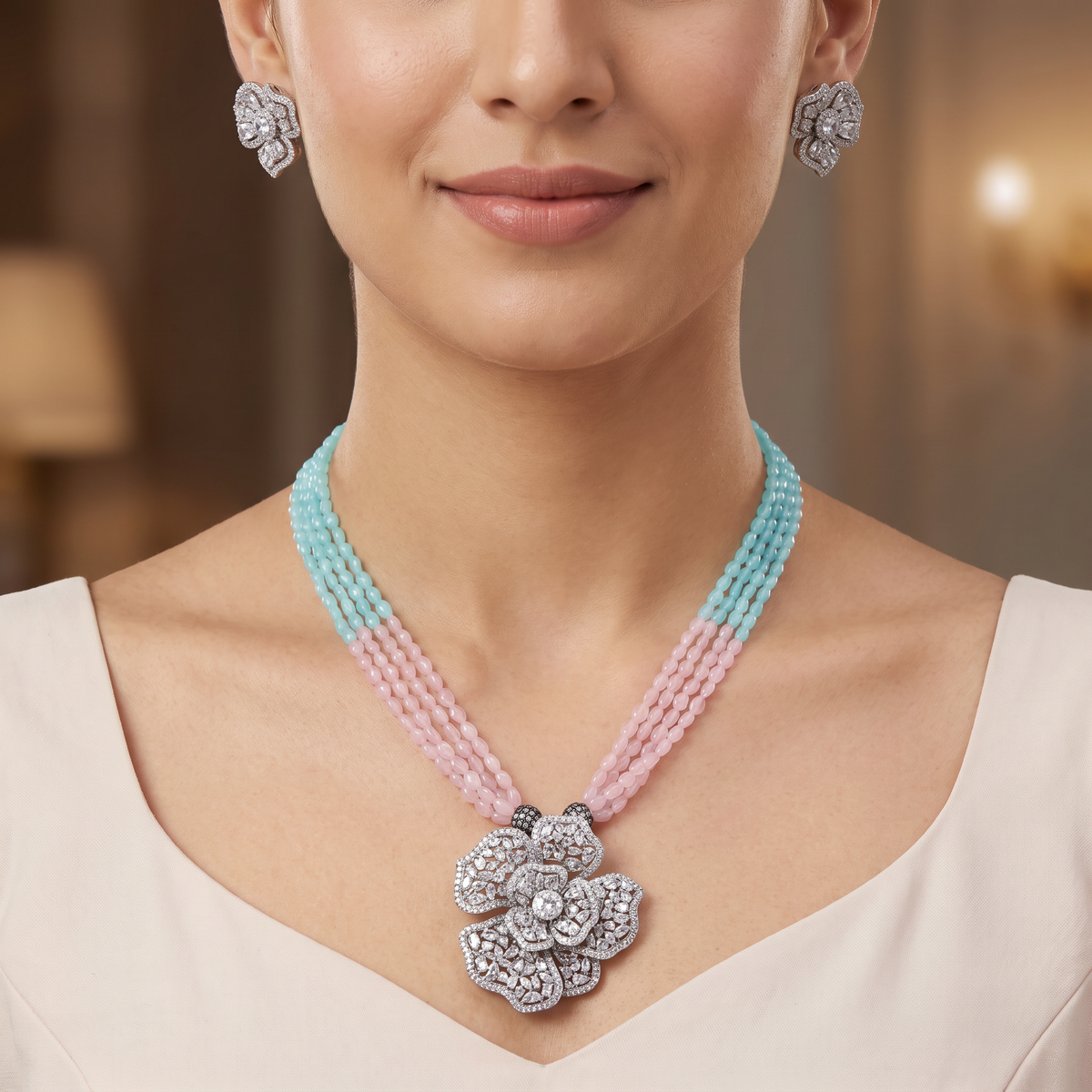 Multi Strand Beaded Chain with Floral Pendant and Matching Stud Earrings