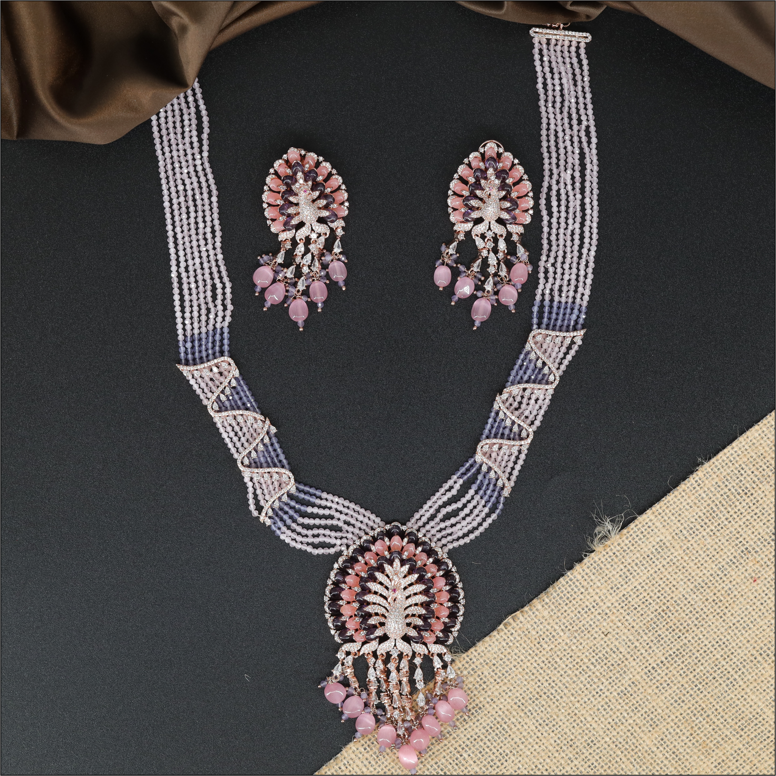 Radiant Peacock Design Crystal Bead Long Haara with Multi Strand Bead Layout