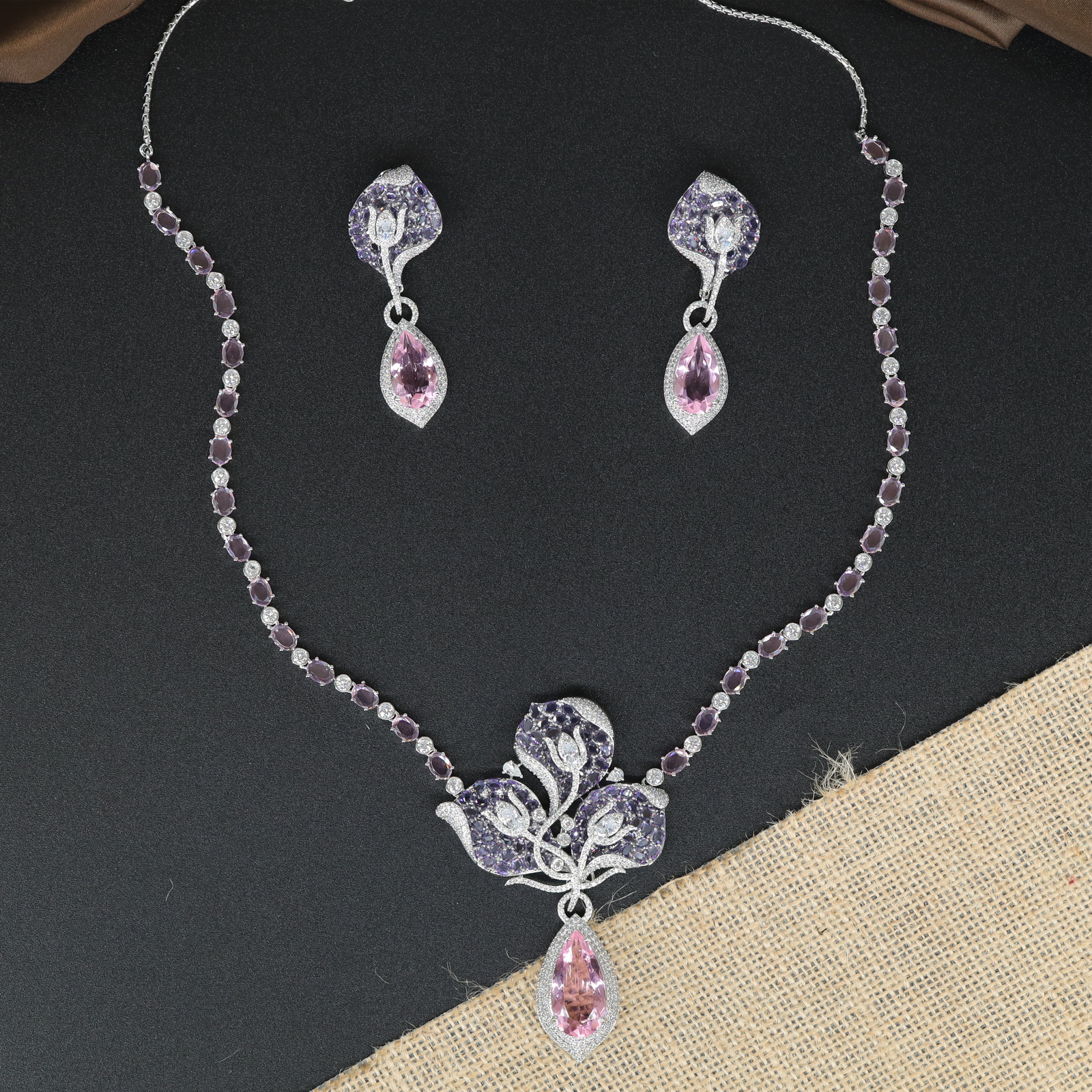 Blossom Pattern Necklace Set with Fine Stone Chain Detailing