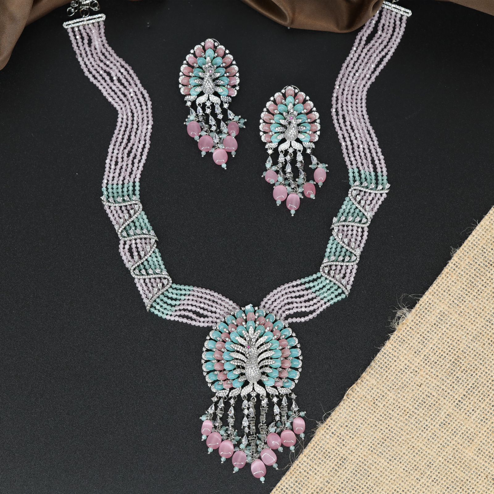 Grand Crystal Beaded Long Haara with Peacock Motif Pendant and Cascading Drop Accents