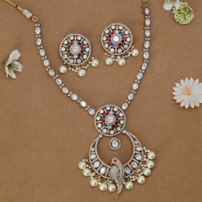 Circular Pendant Necklace with Bird Design and Pearl Drops