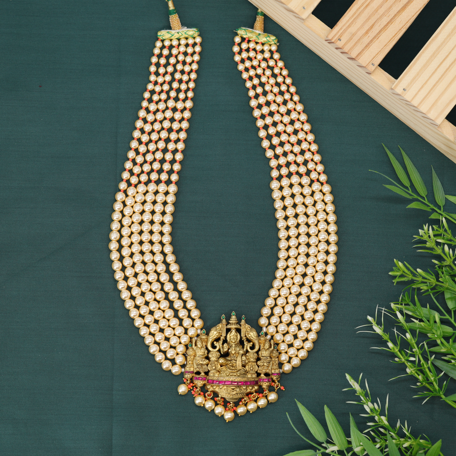 Layered Pearl Long Necklace with Detailed Temple Motif