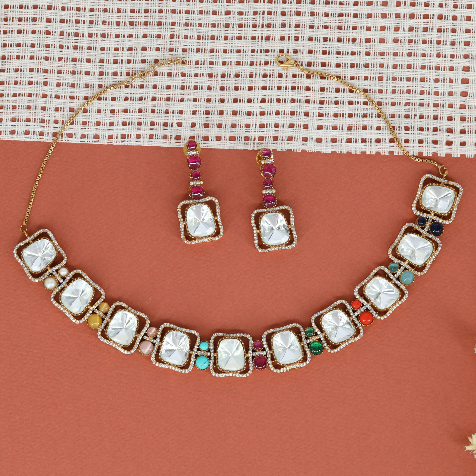 Square Pattern Necklace with Multi Color Details