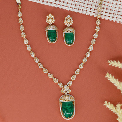 Kundan necklace with a framed rectangular pendant and matching earrings