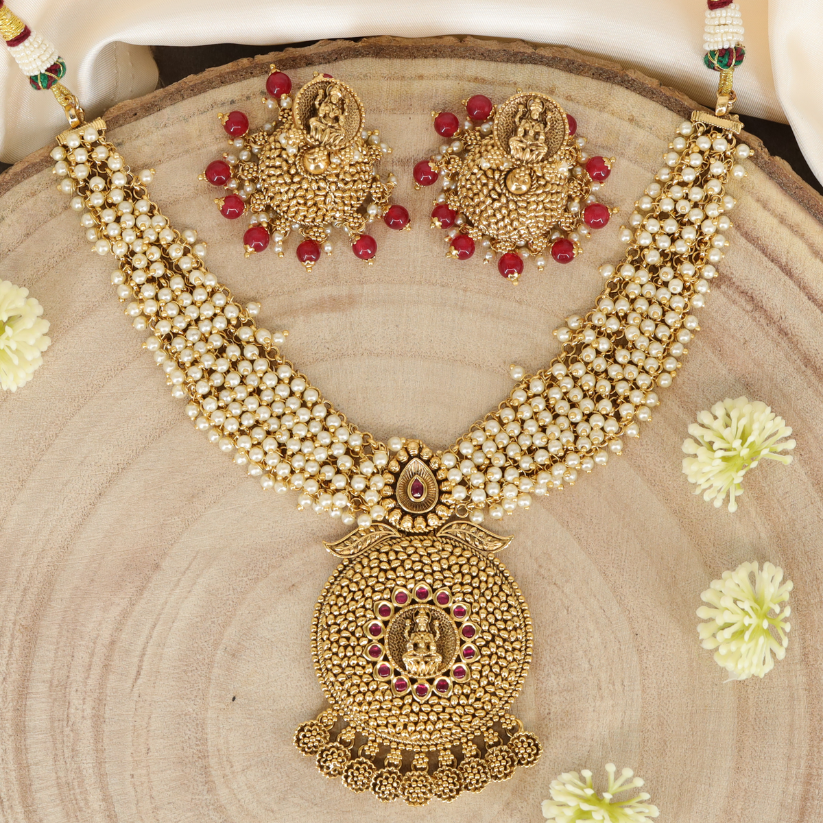 Temple Lakshmi Disc Antique Pearl Necklace with Granulated Surface
