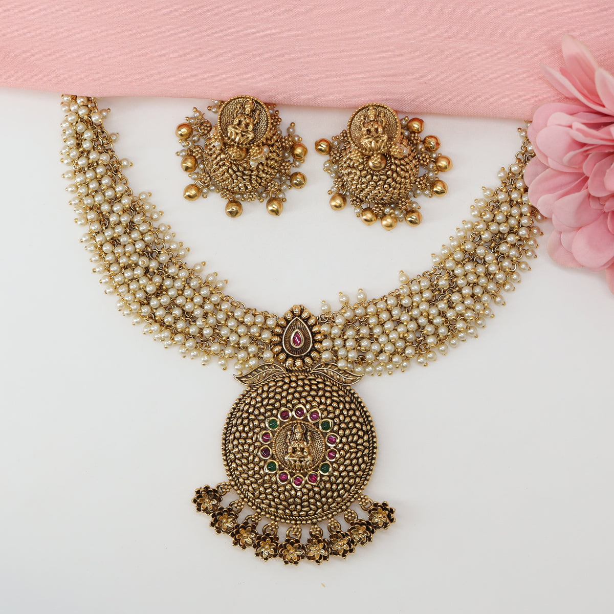 Temple Lakshmi Disc Antique Pearl Necklace with Granulated Surface
