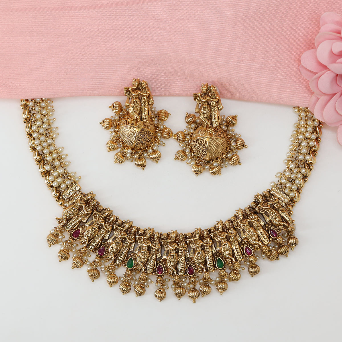 Radha Krishna Panel Antique Pearl Necklace with Dangling Bead Fringe