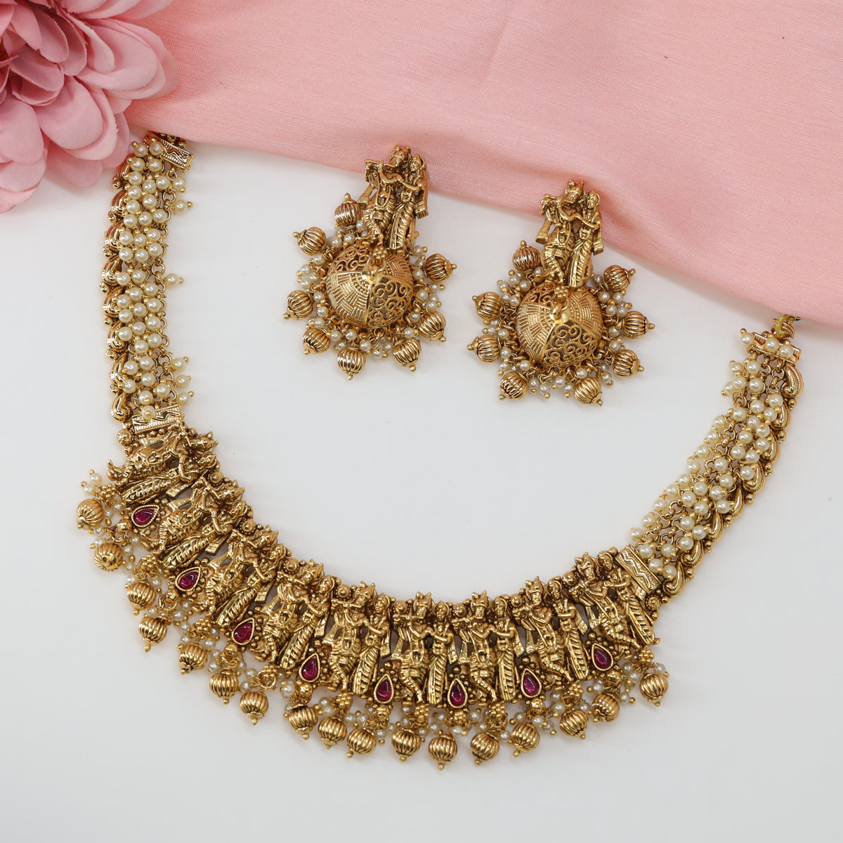Radha Krishna Panel Antique Pearl Necklace with Dangling Bead Fringe
