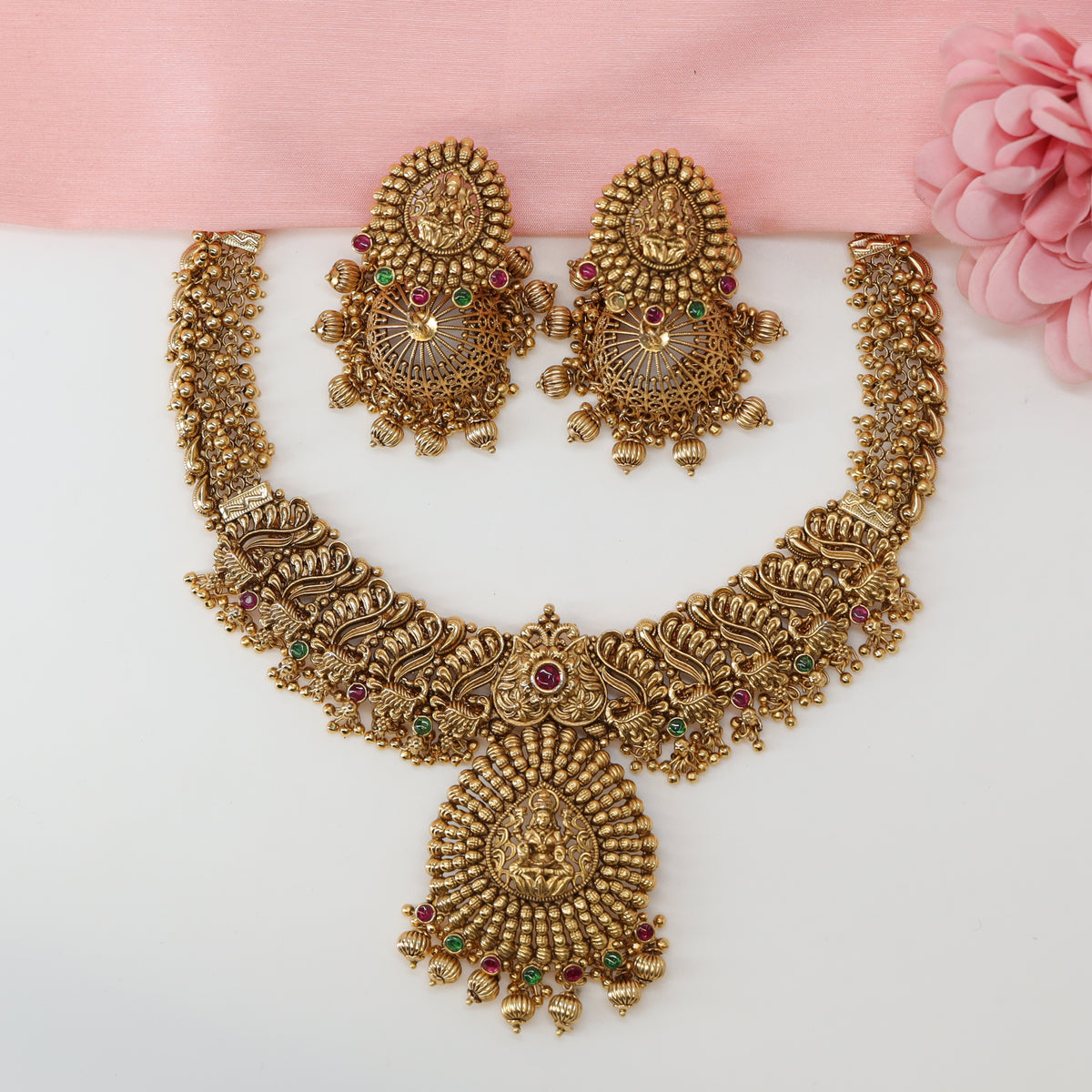 Lakshmi Radiant Disc Antique Necklace with Ornamental Scroll Pattern
